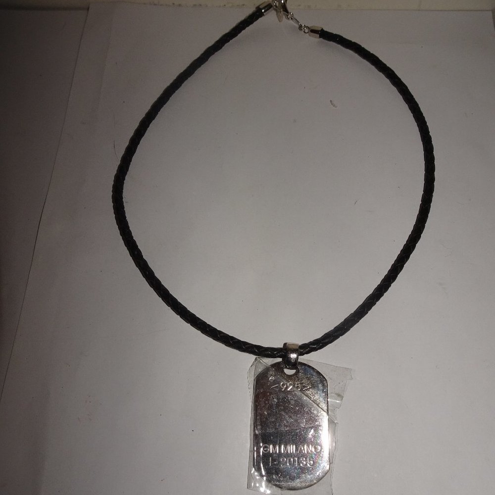 GM Milano 925 SS Large Dog Tag Leather Pendant Necklace